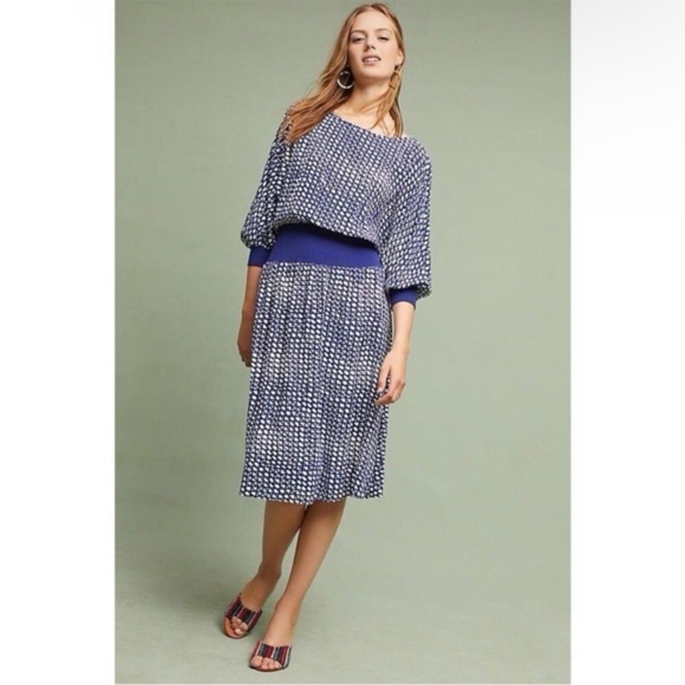 Anthropologie. Maeve Gemma Dress. Blue & White Geometric Pattern. Medium.